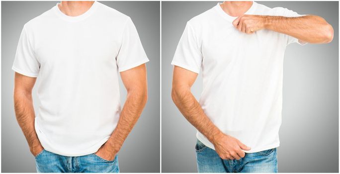 Man in white T shirt on gray background for your design