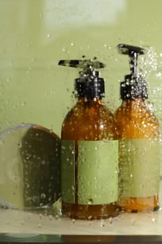 Soft light bathroom decor for advertising, design, cover, set of cosmetic bottles for bath with copy space for your text. Face and body care products or cleaners. Soft focus