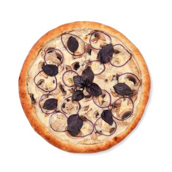 Top view of round pizza isolated on white background