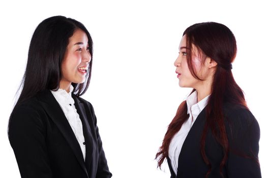 two businesswoman talking together isolated on a white background