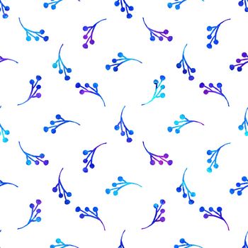 XMAS watercolor Branch Berry Seamless Pattern in Blue Color. Hand Painted background or wallpaper for Ornament, Wrapping or Christmas Gift.