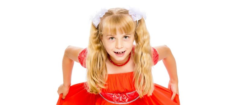 Beautiful little girl close-up. The concept of beauty and fashion, happy childhood. Isolated on white background.