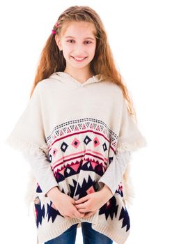 Beautiful young teen girl with long hair wearing knitted poncho isolated on white background