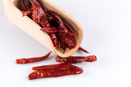 dried chili isolated on white background. In wooden scoop -closeup photo