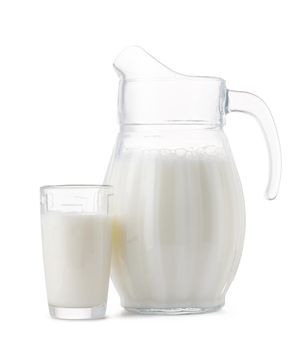 Glass jar and cup of fresh milk isolated on white