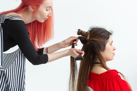 Hair Stylist, beauty and people concept - female hairdresser coloring young woman