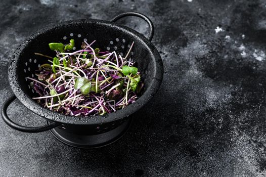 Raw radish cress sprouts in a colander. Black background. Top view. Copy space.