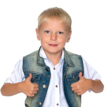 Little boy is holding a thumbs up, in studio on a white background. The concept of emotion and the assertion of something, a happy childhood. Isolated.
