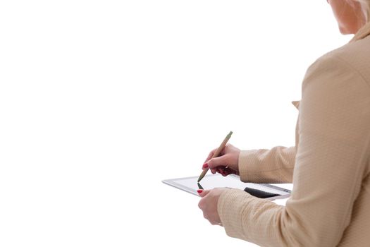 Business woman holding blank touch screen device.