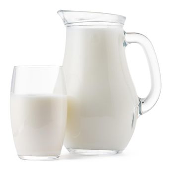 Glass jar and cup of fresh milk isolated on white