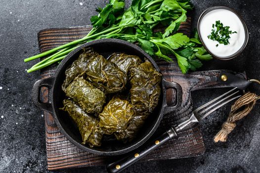 Dolma stuffed grape leaves with rice and meat. Black background. Top view.