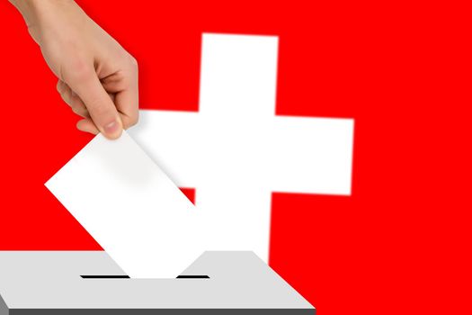 hand drops the ballot election against the background of the Switzerland flag, concept of state elections, referendum