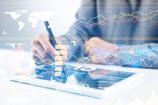 Businessman hands using tablet computer. Digital marketing media or financial diagrams in virtual screen. 3D chart floating above digital tablet computer screen. Modern smart technology in business