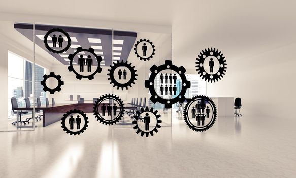 Cogwheels and gears mechanism as social communication concept in office interior. 3D rendering