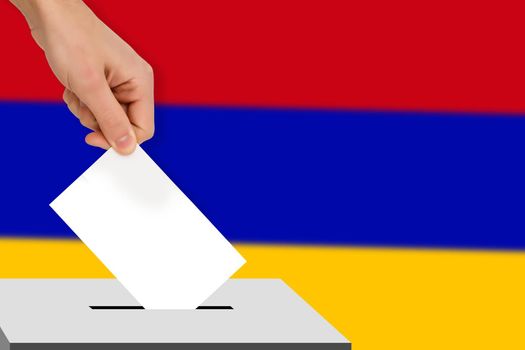 hand drops the ballot election against the background of the flag, concept of state elections, referendum