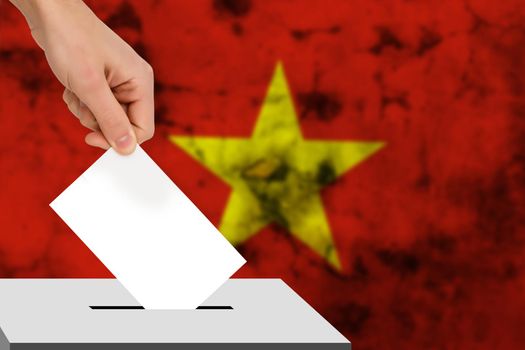 hand drops the ballot election against the background of the flag, concept of state elections, referendum