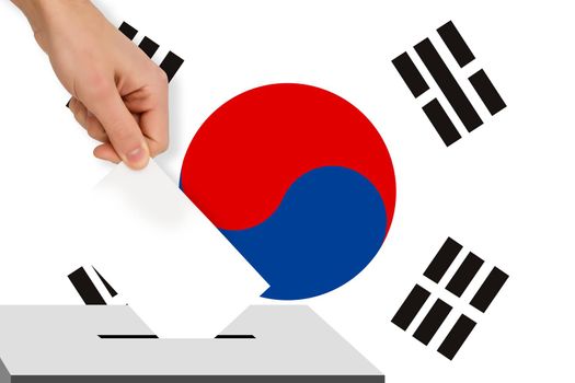 hand drops the ballot election against the background of the flag, concept of state elections, referendum