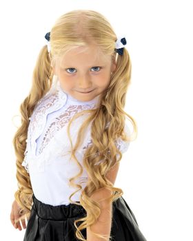 Beautiful little girl close-up. The concept of beauty and fashion, happy childhood. Isolated on white background.