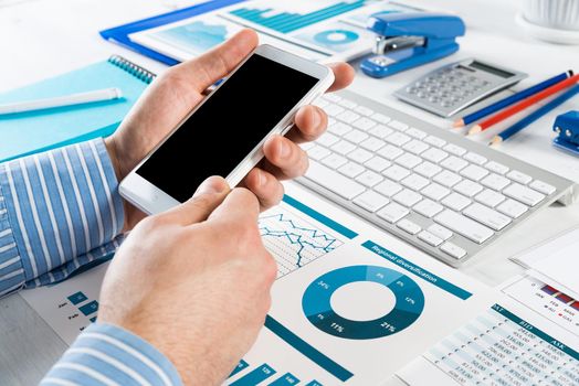 close-up of men's hands with a phone. Office work
