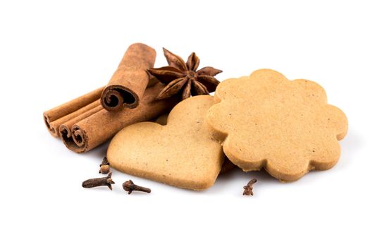 Gingerbread hearts cookies on white background. Christmas decoration