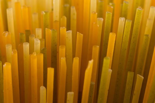 Bunch of raw italian pasta with vegetable dye of spinach, paprika and carrot