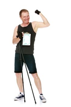 Man in t-shirt and shorts, with sticks for Nordic walking, the poster shows the route of the path travelled -Isolated on white background