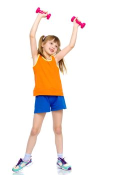 A cute little girl doing exercises with dumbbells. The concept of strength, health and sport. Isolated on white background.