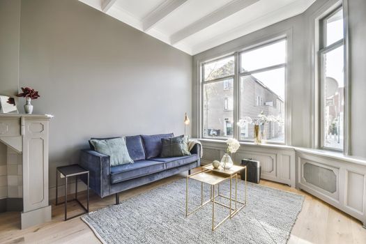 Luxury living room design with velvet sofa