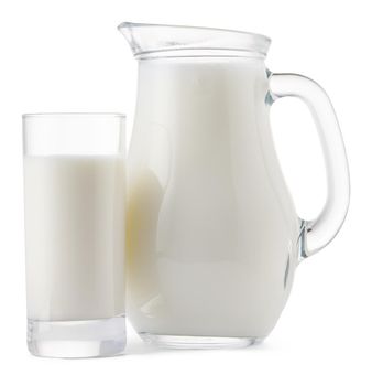 Glass jar and cup of fresh milk isolated on white