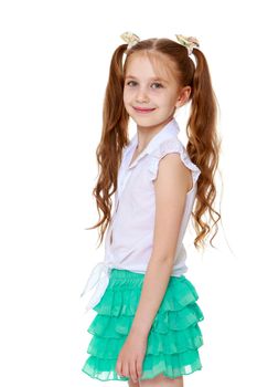 Skinny little girl with long hair braided into ponytails. Close-up-Isolated on white background