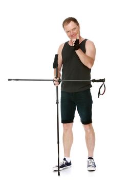 Man in t-shirt and shorts, Nordic walking sticks, threatens finger -Isolated on white background