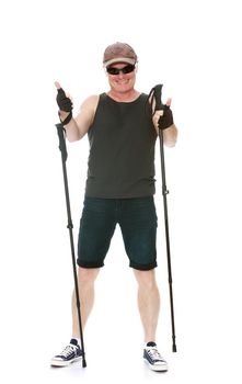 Man in t-shirt and shorts, Nordic walking stick, shows a sign all is well -Isolated on white background