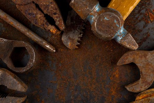 Dirty set of hand old rusty tools. Equipment for locksmith and metalworking shop