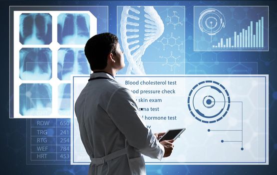 The doctor works with the digital interface. Digital Medicine Concept