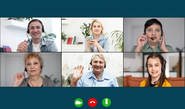 Family chatting distantly using video conferencing service. online virtual chat, relatives glad to see adorable child, enjoying group call.