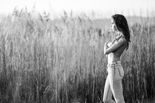 Fashion photograph of young sensual woman in jeans, in nature