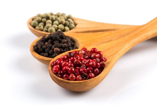 Wooden spoons with various pepper spice on white background