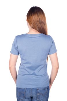 woman in blue t-shirt isolated on a white background (back side)