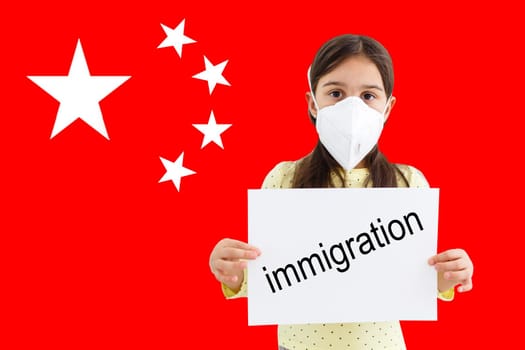 little girl in medical protective mask on background of China flag with inscription 2019-nCov, Coronavirus.