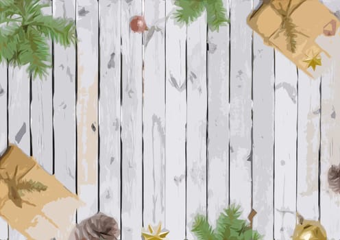 white wooden background decorated with pine leaves and boxes