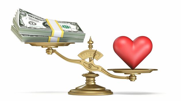 Heart and dollar bills on golden scale 3D render illustration isolated on white background