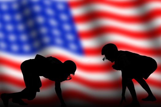 American football player in action, silhouette isolated on american flag background. Sportsman in full equipment on court. Rugby sport man, popular super star collage sport
