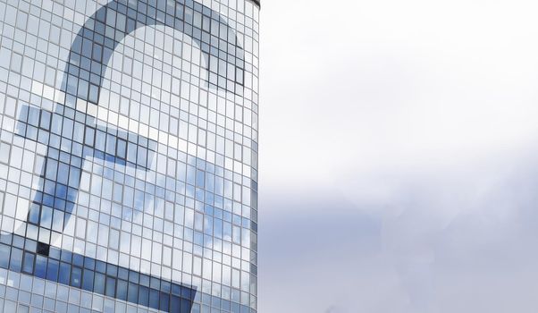 Pound sign on a skyscraper building. Business and financial concept. High quality photo