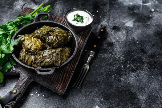 Dolma stuffed grape leaves with rice and meat. Black background. Top view. Copy space.