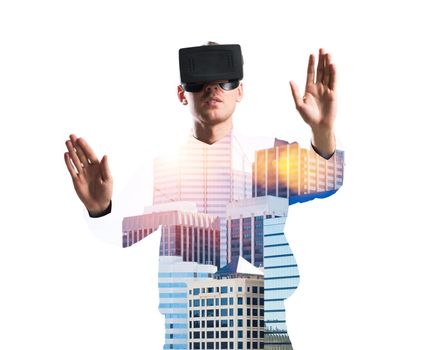 Young man with virtual reality headset or 3d glasses over cityscape background