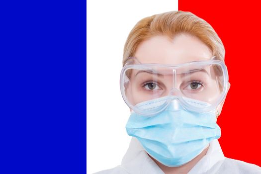 A woman in a protective mask against the background of the American flag. Concept of anxiety and fear, coronavirus pandemic in USA