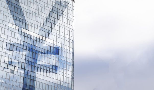 Yuan sign on a skyscraper building. Business and financial concept. High quality photo