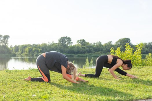 Harmony and healthy lifestyle concept - Young slim women in sportswear practicing yoga outdoors