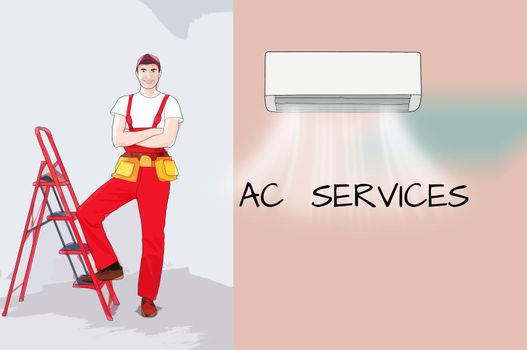 Service and repair of air conditioners. The repairman on the background of a properly functioning air conditioner. illustration in cartoon style