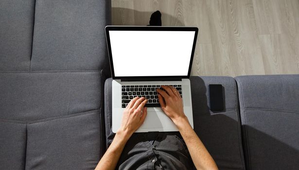 Back view of male person sitting front open laptop computer with blank empty screen for your information or content, modern businessman working in internet